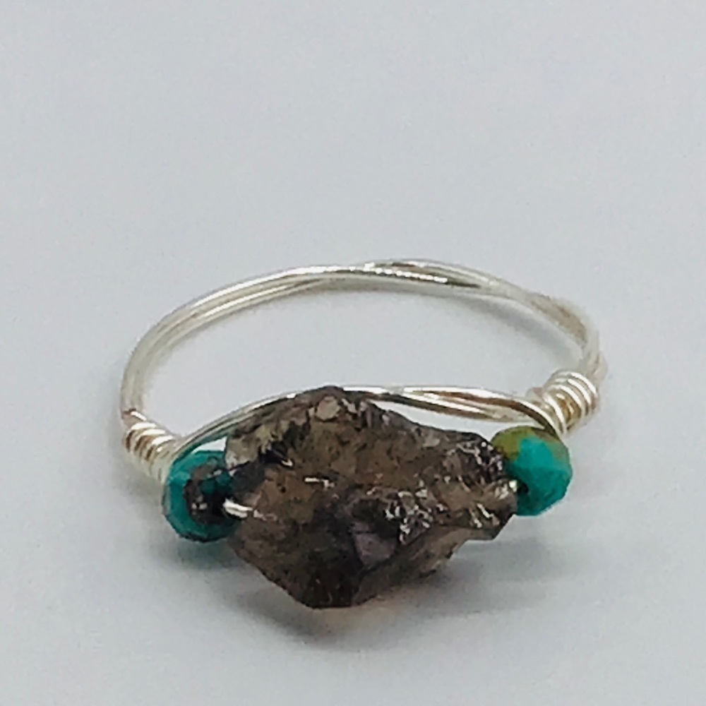New Ring Size 8.5 Raw Smoky Quartz Turquoise Silver Tone Bohemian Minimalist
